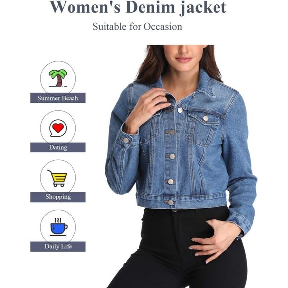 Women's Denim Jackets Crop Long Sleeve Button Down Crop Jean with Pockets Blue2 - Picture 7 of 7